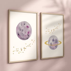 Purple Planet Set of 2 Nursery Art Prints, Wall Art, Galaxy Nursery Decor, Play Room, Girl space Baby Room Ideas, 011