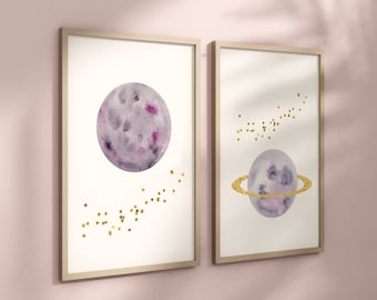 Purple Planet Set of 2 Nursery Art Prints, Wall Art, Galaxy Nursery Decor, Play Room, Girl space Baby Room Ideas, 011