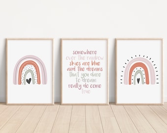 Boho Rainbow Set of 3 Nursery Art Prints, Girl colorful Nursery Wall Art, Nursery Decor, Play Room, Baby Room Ideas,Rainbow, Pink