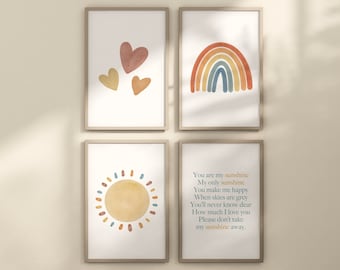 You Are My Sunshine Set of 4 Nursery Art Prints, Sun, Rainbow Nursery Wall Art, Nursery Decor, Play Room, Baby Room Ideas, 094