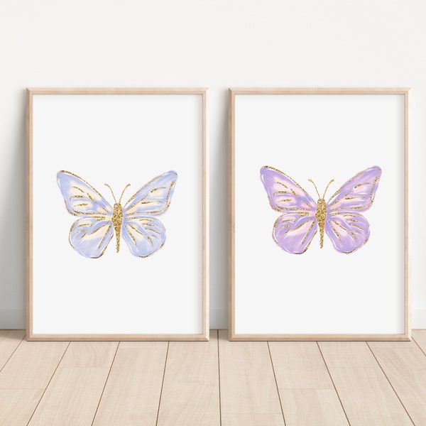 Purple Butterflies Set of 2 Nursery Art Prints,  Butterfly Wall Art, Glitter Nursery Decor, Play Room, Girl Baby Room Ideas, 032