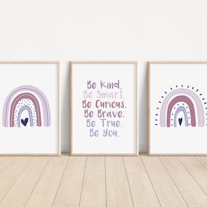 Boho Rainbow Set of 3 Nursery Art Prints, Girl Room Purple Nursery Wall Art, Affirmations, Play Room, Baby Room,Rainbow, Lavender 026