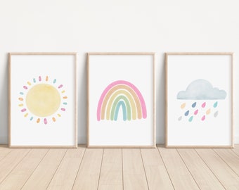 Pastel Rainbow Sun Cloud Set of 3 Nursery Art Prints, Weather colorful Nursery Wall Art, Nursery Decor, Play Room, Baby Room Ideas, 039