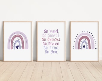 Boho Rainbow Set of 3 Nursery Art Prints, Girl Room Purple Nursery Wall Art, Affirmations, Play Room, Baby Room,Rainbow, Lavender 026