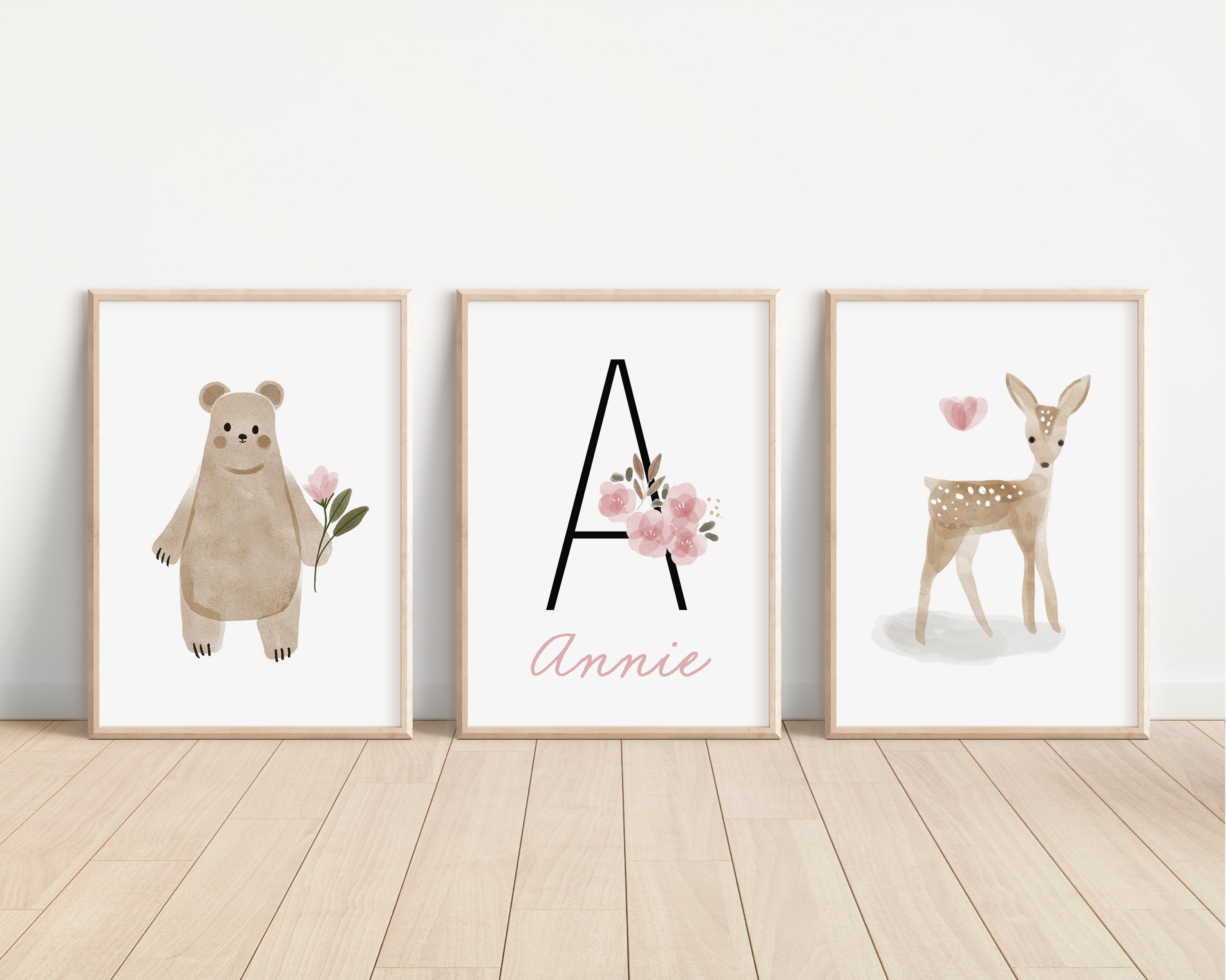 Personalized Boho Woodland Floral Animal Set of 3 Nursery Art Prints ...