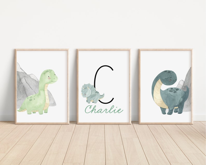 Personalized Dinosaur Set of 3 Nursery Art Prints, Boy Nursery Wall Art ...
