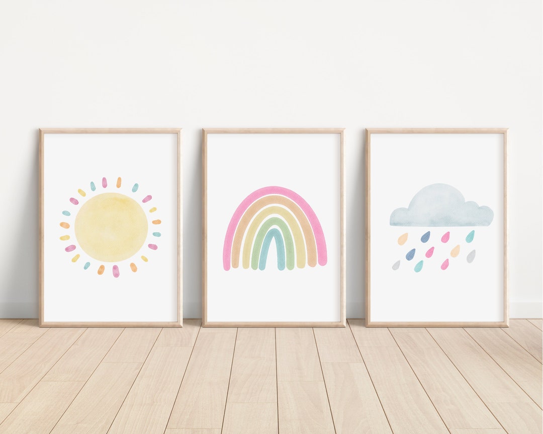 Pastel Rainbow Sun Cloud Set of 3 Nursery Art Prints, Weather Colorful ...