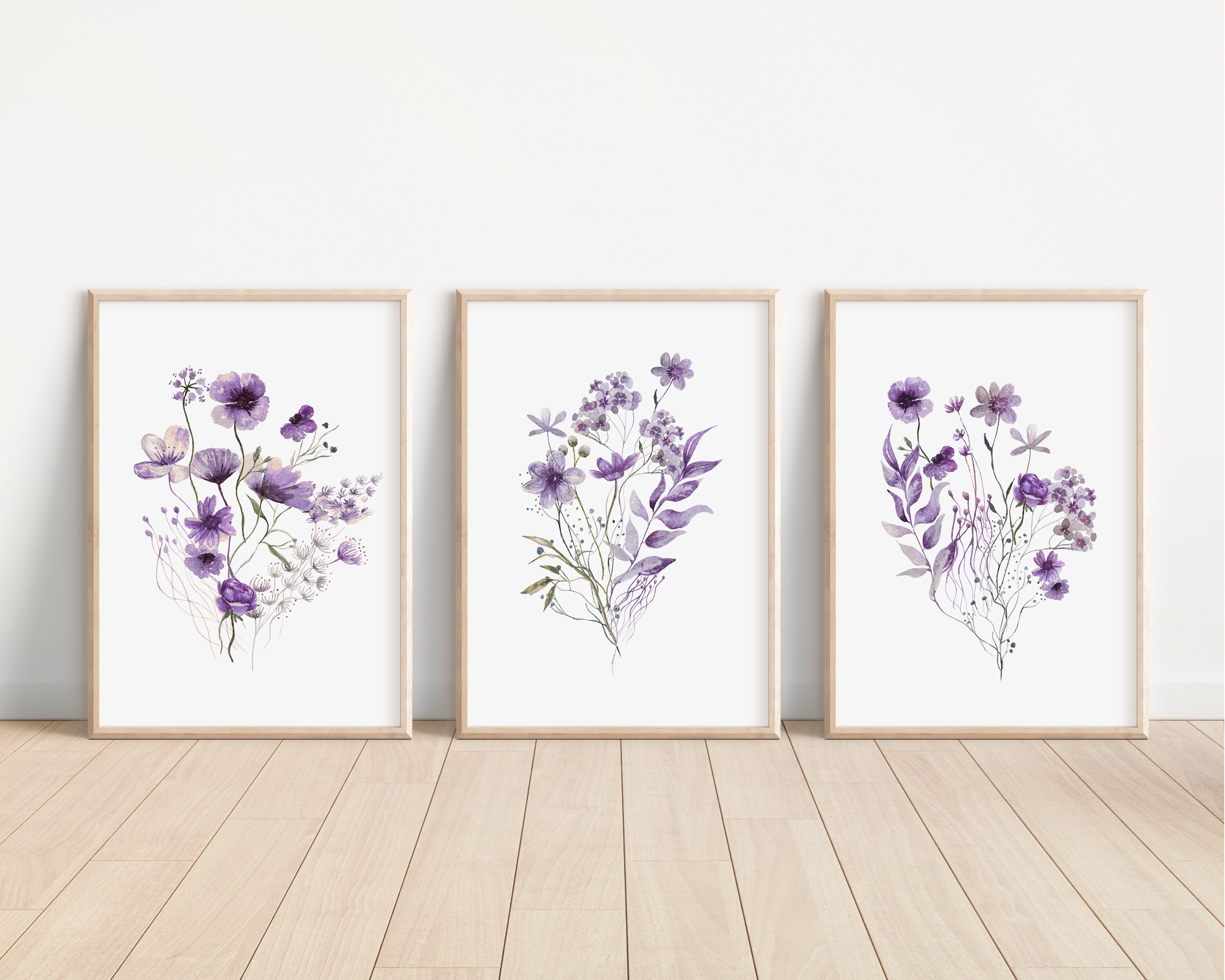 Set of 3 Purple Boho Wildflowers Floral Art Prints, Wall Art, Meadows ...