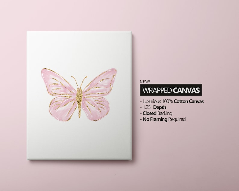 Personalized Pink Butterflies Set of 3 Nursery Art Prints, Butterfly Wall Art, Glitter Nursery Decor, Play Room, Girl Baby Room Ideas, 116 Wrapped Canvas