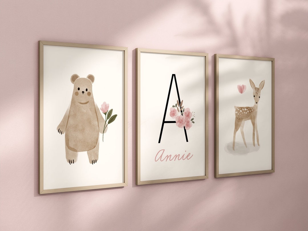 Personalized Boho Woodland Floral Animal Set of 3 Nursery Art Prints ...