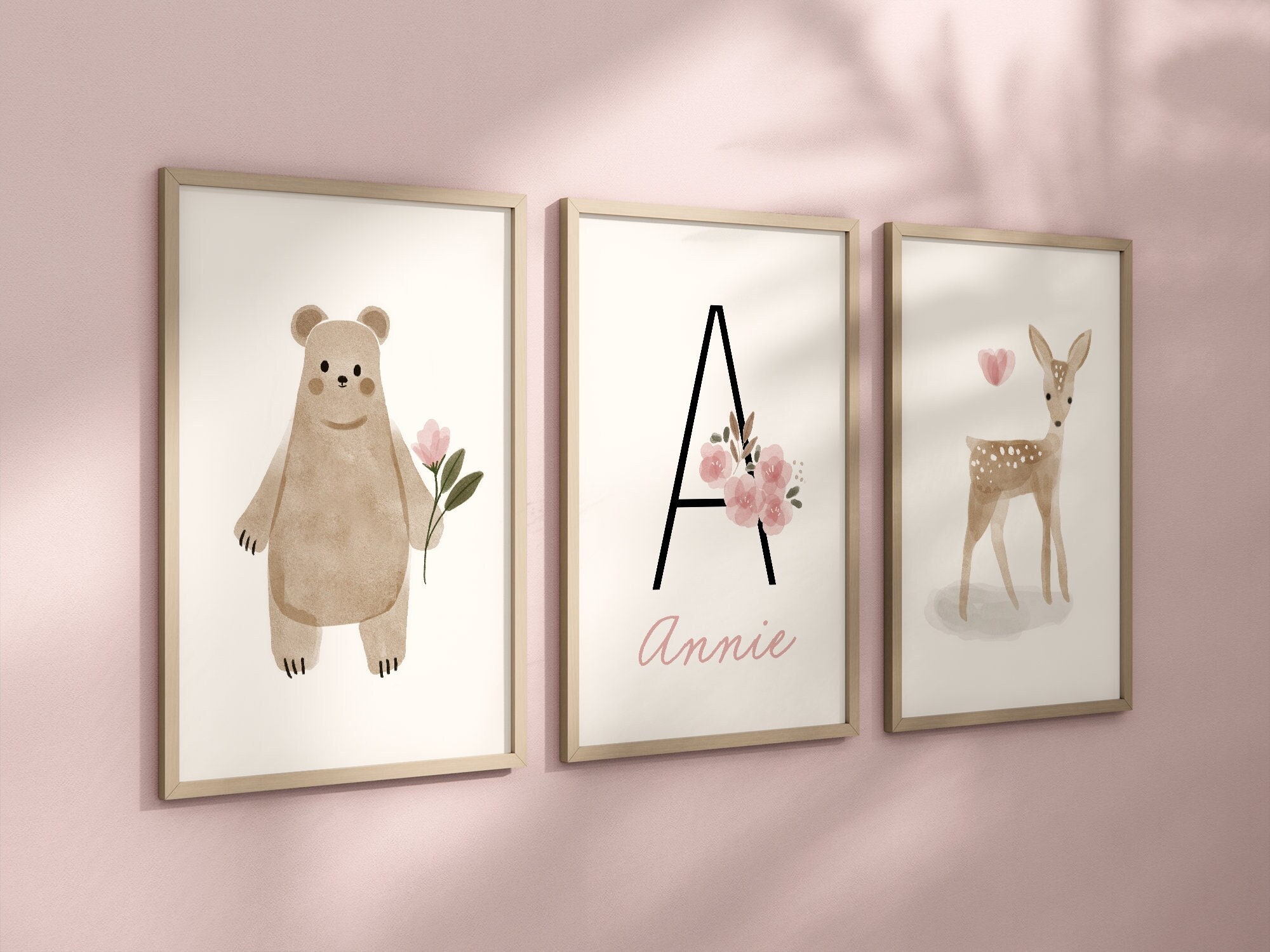 Personalized Boho Woodland Floral Animal Set of 3 Nursery Art Prints, Dusty Rose Nursery Art, Neutral Nursery Decor, Baby Room Ideas, 131