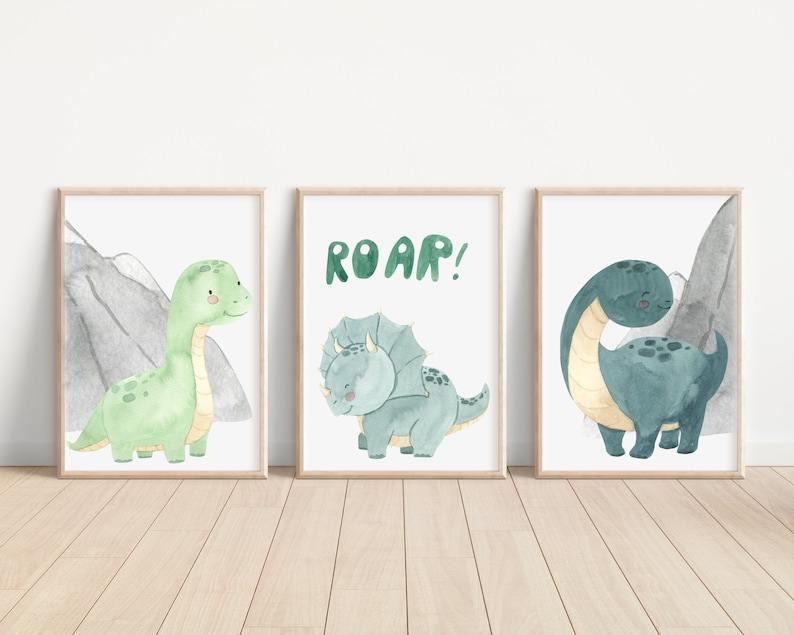 Dinosaur Set of 3 Nursery Art Prints, Boy Nursery Wall Art Blue Green ...