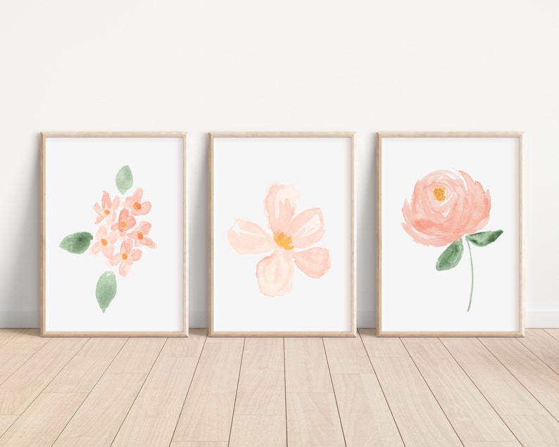 Blush Floral Set of 3 Nursery Art Prints, Pink Nursery Wall Art ...