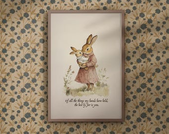 Rabbit Nursery Art Print, Baby Shower Gift, Bunny Theme Nursery Wall Art, Mom & Baby Quote, Vintage Nursery Decor, 154