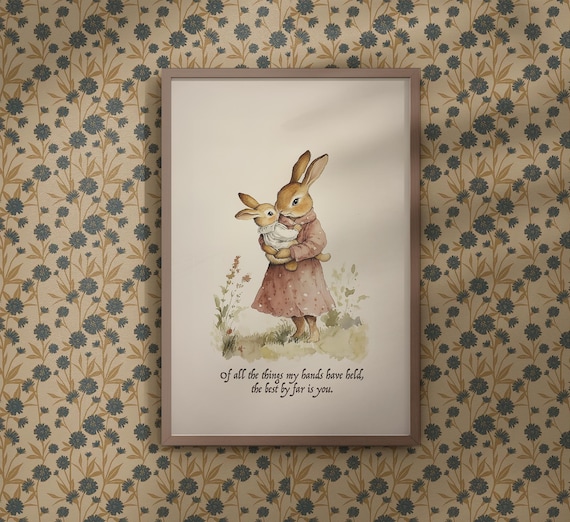 Rabbit Nursery Art Print, Baby Shower Gift, Bunny Theme Nursery Wall Art, Mom & Baby Quote, Vintage Nursery Decor, 154