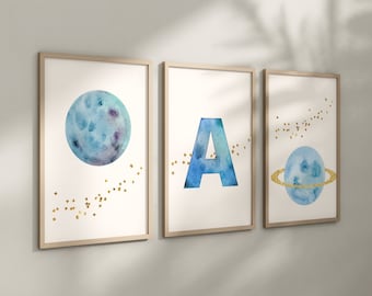 Personalized Blue Planet Set of 3 Nursery Art Prints, Wall Art, Galaxy Nursery Decor, Play Room, Boy space Baby Room Ideas, 138
