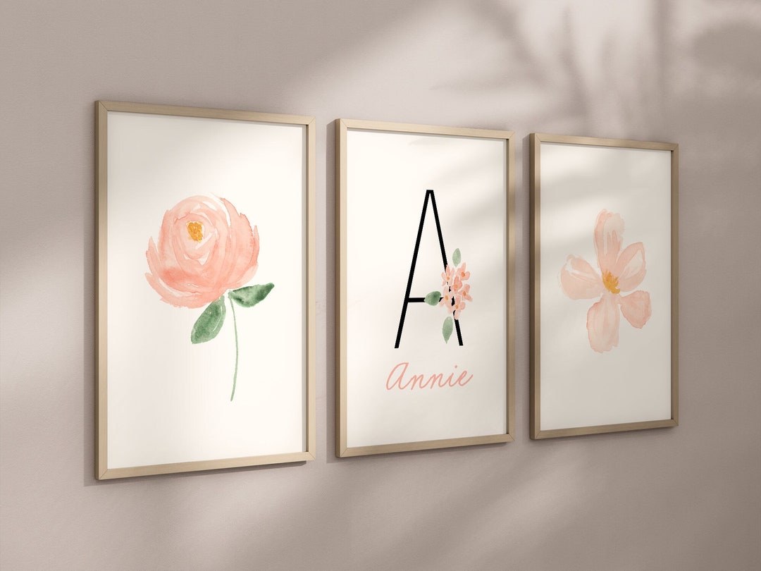 Personalized Blush Floral Set of 3 Nursery Art Prints, Pink Nursery ...