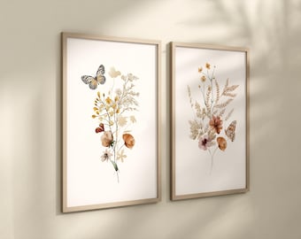 Set of 2 Wildflower Floral Art Prints with Butterflies