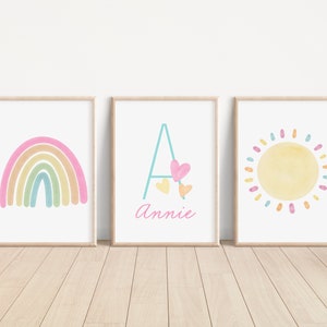 Personalized Pastel Rainbow Sun Hearts Set of 3 Nursery Art Prints, Colorful Nursery Wall Art, Decor, Play Room, Baby Room Ideas, 098 image 3
