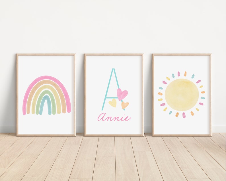Personalized Pastel Rainbow Sun Hearts Set of 3 Nursery Art Prints, Colorful Nursery Wall Art, Decor, Play Room, Baby Room Ideas, 098 image 3