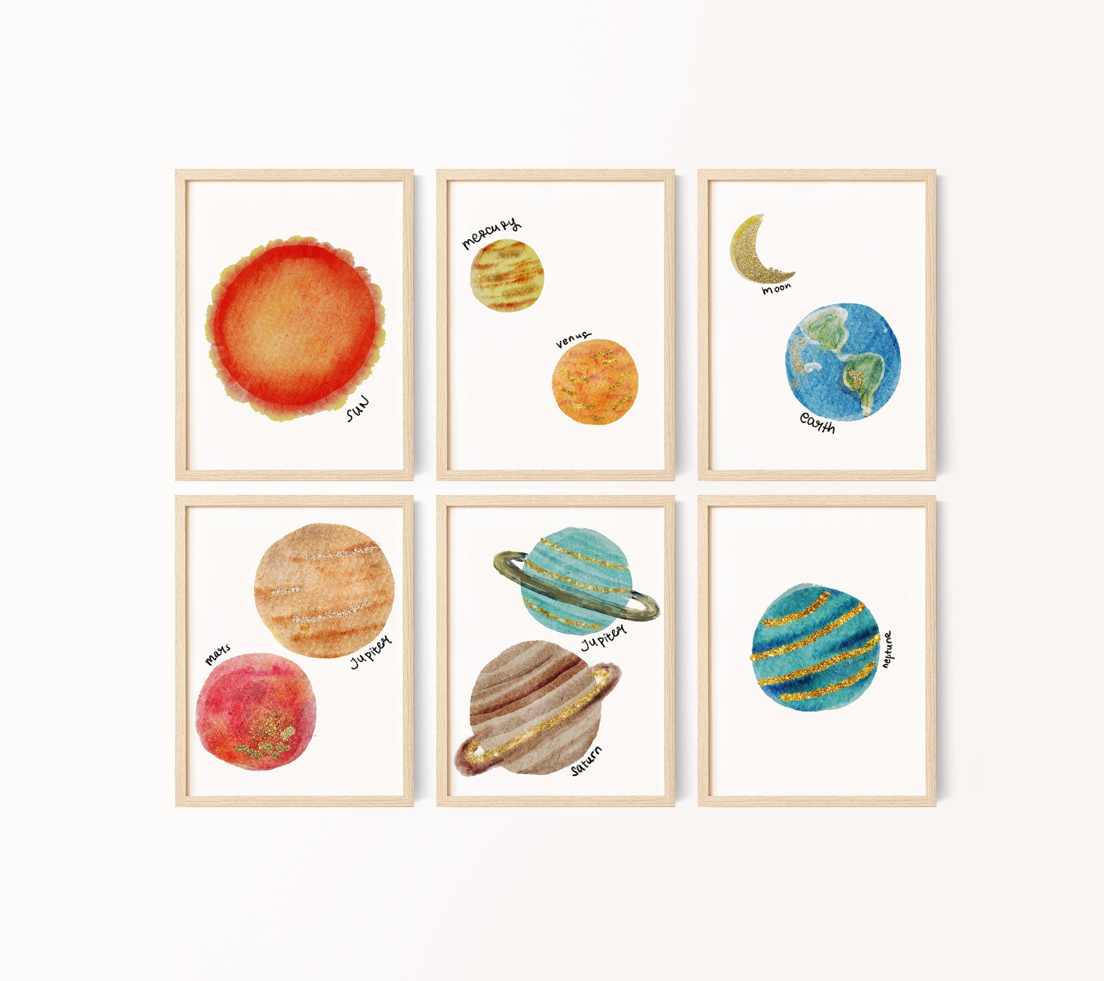 Planet Set of 6 Nursery Art Prints, Planets Wall Art, Solar System ...