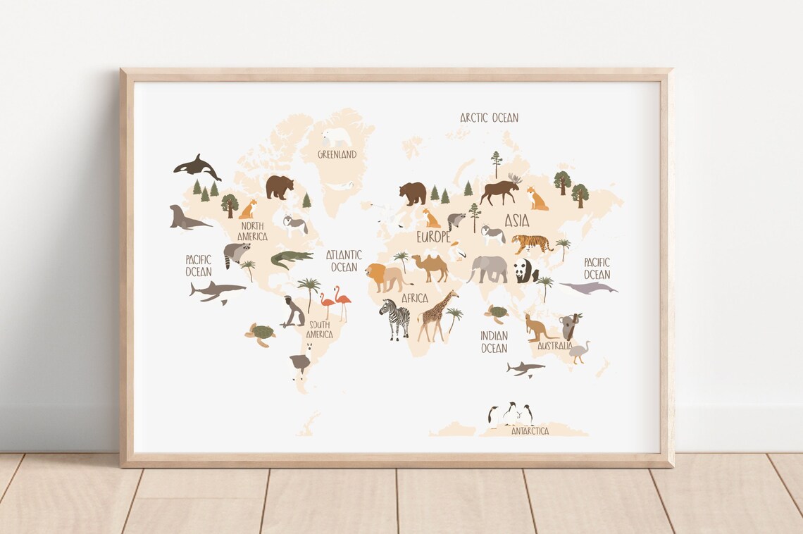Animal World Map Art Print Nursery Decor Boy Baby Room Idea | Etsy