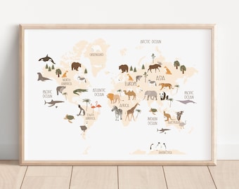 Animal World Map Art Print, Nursery Decor, Boy Baby Room Idea, Educational Poster, Playroom idea, Kids wall hanging