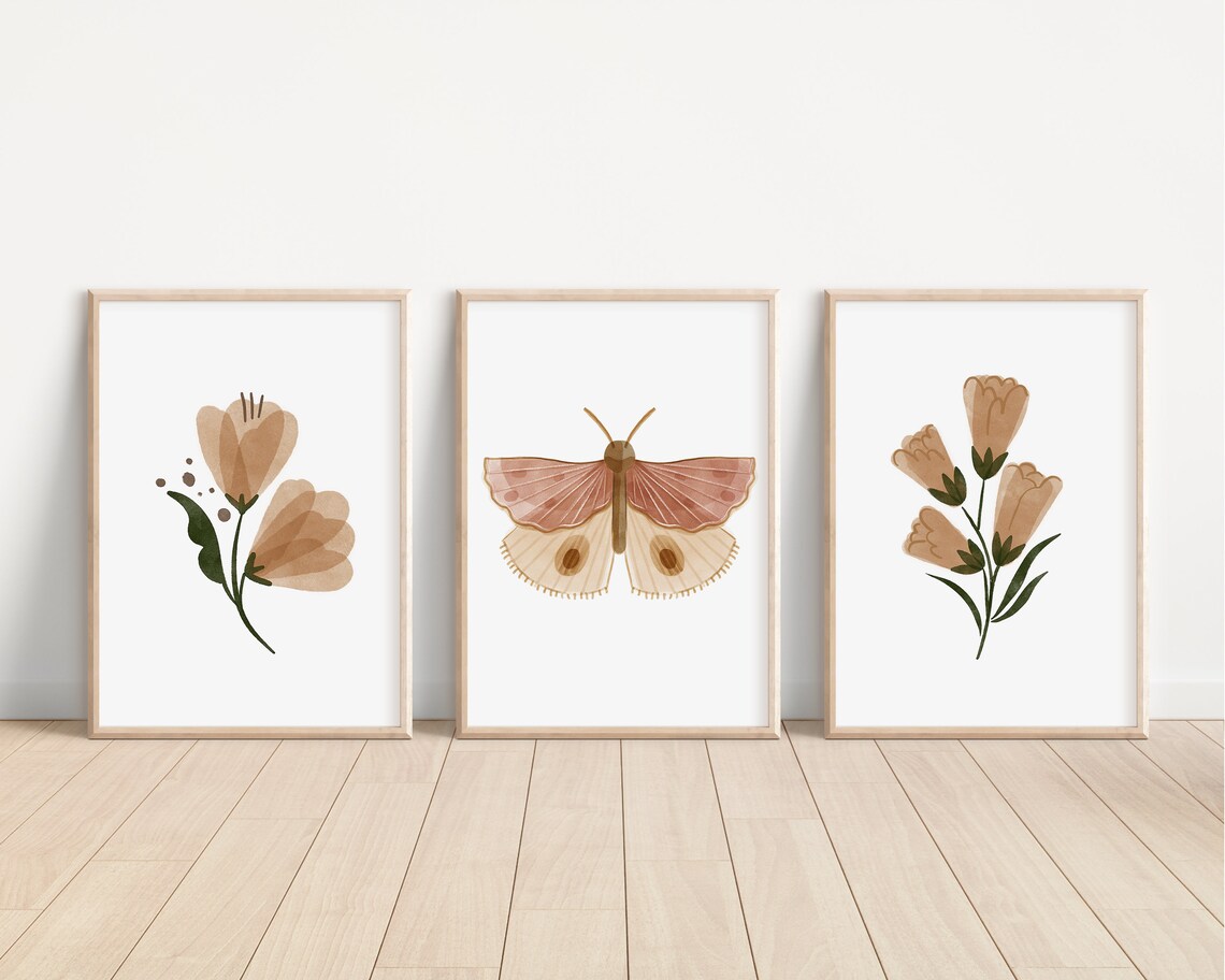 Boho Butterfly Floral Set of 3 Nursery Art Prints, Butterfly Nursery ...