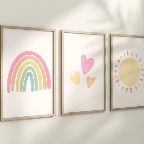 Pastel Rainbow Wall Art Set of 3 Prints Sun Rainbow Cloud - Etsy
