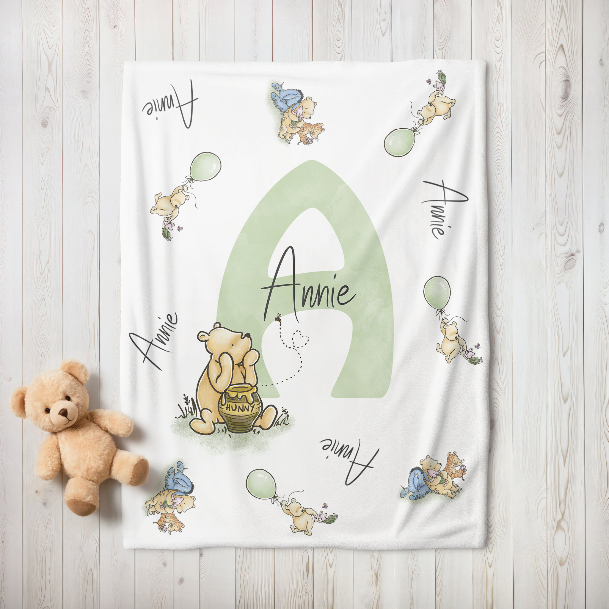 Classic Winnie the Pooh Personalized Nursery Blanket, Pink, Blue, Gender Neutral, Baby Shower Gift, Teddy Bear