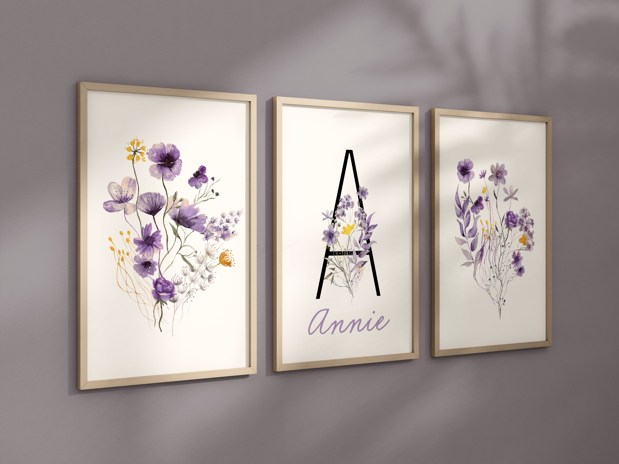 Personalized Set of 3 Purple and Gold Boho Wildflowers Floral Art ...