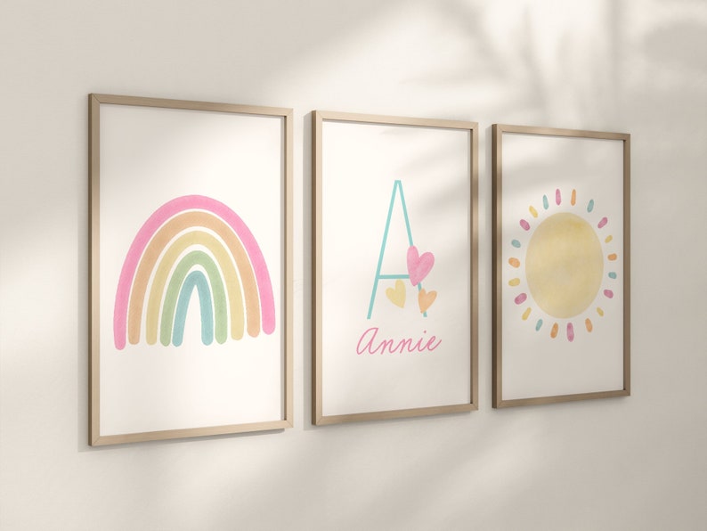 Personalized Pastel Rainbow Sun Hearts Set of 3 Nursery Art Prints, Colorful Nursery Wall Art, Decor, Play Room, Baby Room Ideas, 098 Premium Paper Stock