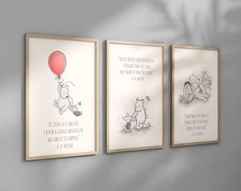 Set of 3 Classic Winnie-the-Pooh Nursery art prints, Gender Neutral Nursery, B&W, Winnie-the-Pooh inspirational quotes, new baby gift, 132