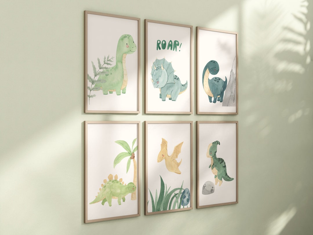 Dinosaur Set of 6 Nursery Art Prints, Boy Nursery Wall Art Blue Green ...