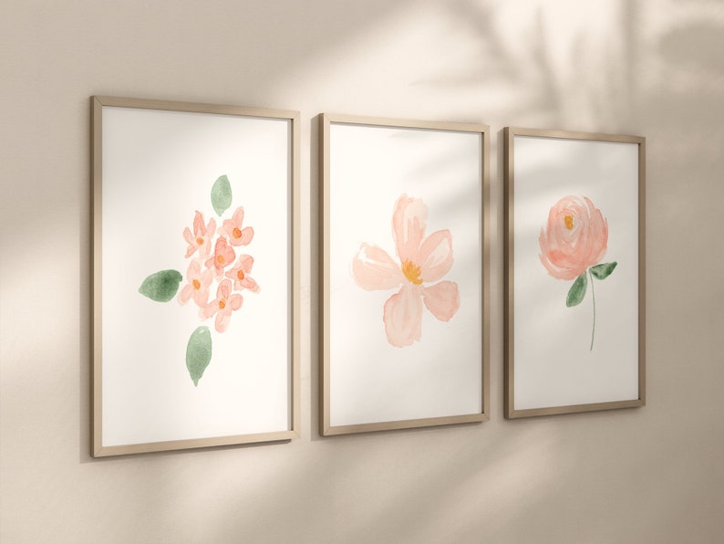Blush Floral Set of 3 Nursery Art Prints, Pink Nursery Wall Art ...
