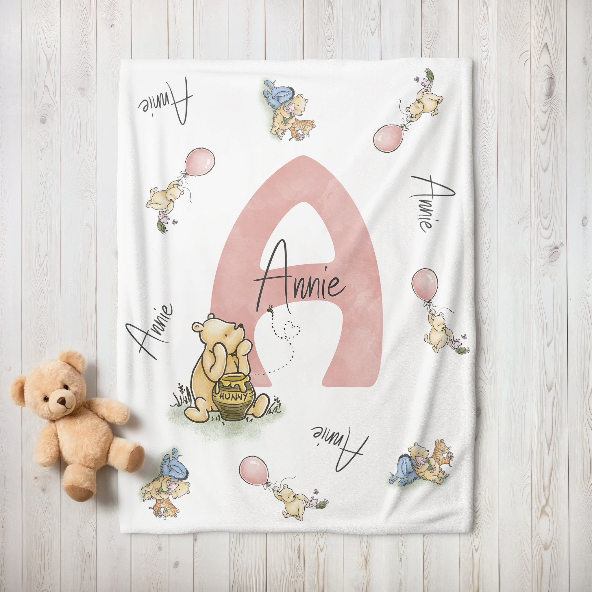 Classic Winnie the Pooh Personalized Nursery Blanket, Pink, Blue, Gender Neutral, Baby Shower Gift, Teddy Bear