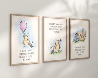 Conjunto de 3 impresiones de arte clásicas de Winnie-the-Pooh Nursery, Gender Neutral Nursery, citas inspiradoras de Winnie-the-Pooh, nuevo regalo para bebés, 120