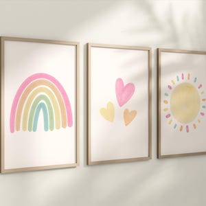 Set of 3 Nursery Art Prints with Pastel Rainbow, Sun and Hearts