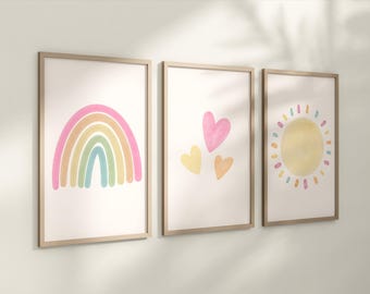 Set of 3 Nursery Art Prints with Pastel Rainbow, Sun and Hearts
