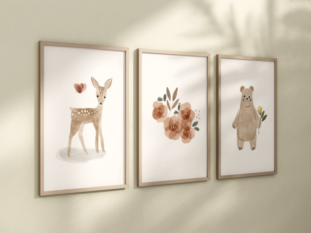Boho Woodland Floral Animal Set of 3 Nursery Art Prints, Floral Nursery ...
