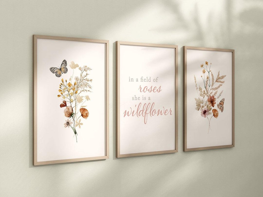 Set of 3 Boho Wildflowers Floral Art Prints, Leaf Art, Botanical ...