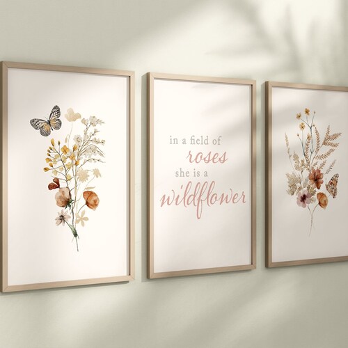 Set of 3 Boho Wildflowers Floral Art Prints, Leaf Art, Botanical Meadows, Bloom Bouquet, Nursery Decor, Play Room, Girl Baby Room Ideas 060