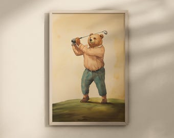 Bear Playing Golf Watercolor Art Print, Baby Shower Gift, Golf Theme Nursery Wall Art, Nursery Decor, 150