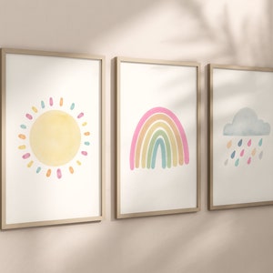Pastel Rainbow Sun Cloud Set of 3 Nursery Art Prints, Weather Colorful ...