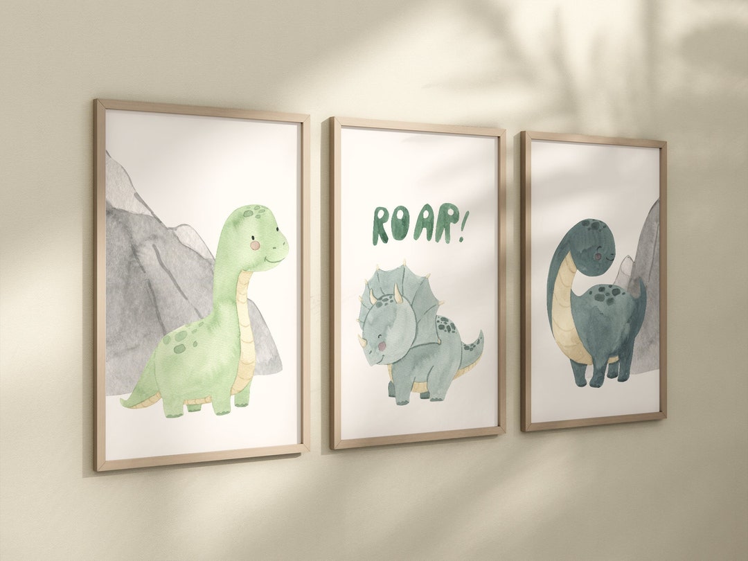 Dinosaur Set of 3 Nursery Art Prints, Boy Nursery Wall Art Blue Green ...