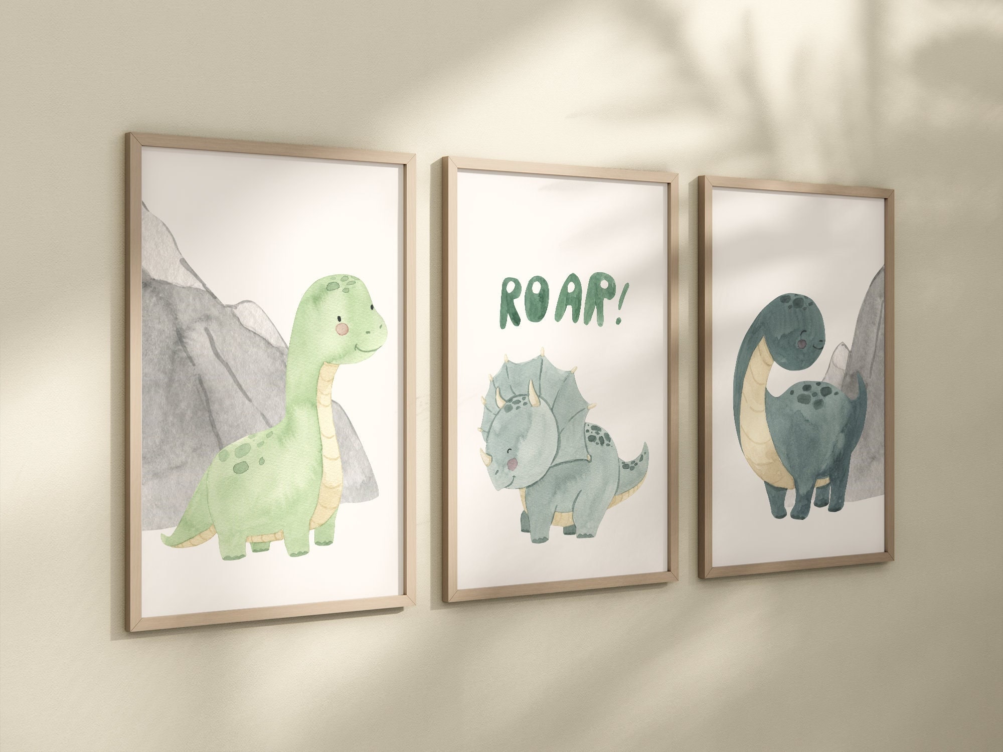 Dinosaur Set of 3 Nursery Art Prints, Boy Nursery Wall Art Blue Green ...