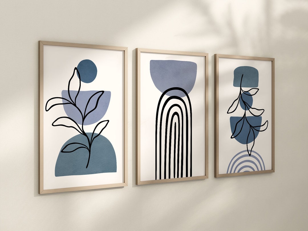 Set of 3 Boho Abstract Wall Art Prints, Navy Blue, Boho Wall Decor Set ...