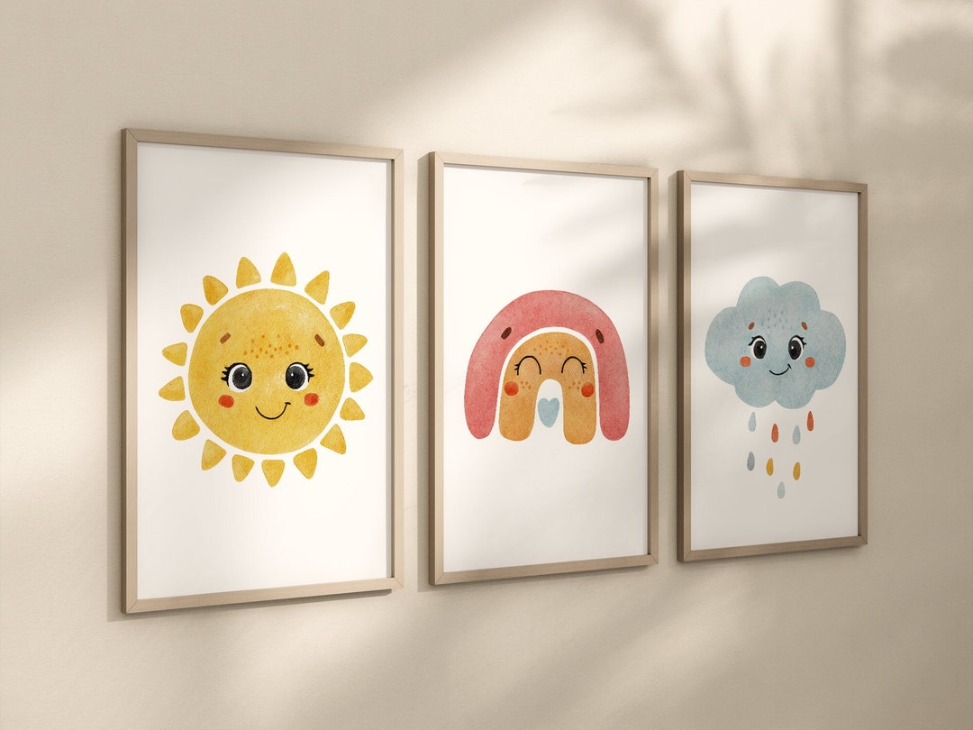 Rainbow Sun Cloud Set of 3 Nursery Art Prints, Weather Colorful Nursery ...
