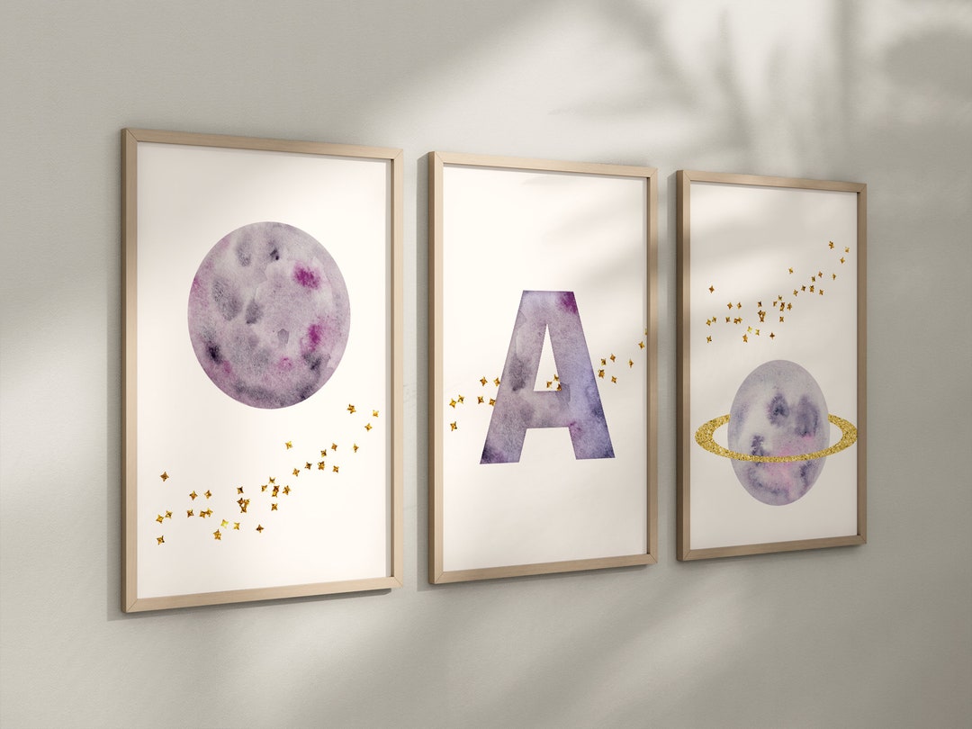 Personalized Purple Planet Set of 3 Nursery Art Prints, Wall Art ...