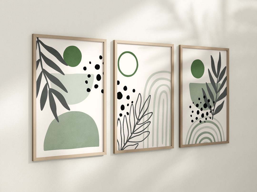 Set of 3 Boho Abstract Wall Sage Green Art Prints, Emerald Green ...